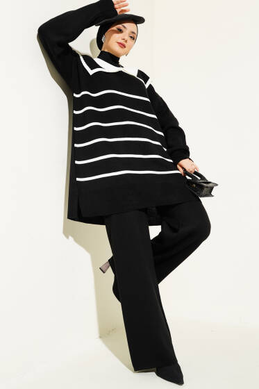 Çizgili Denizci Yaka Triko İkili Takım Siyah - İkili Takım