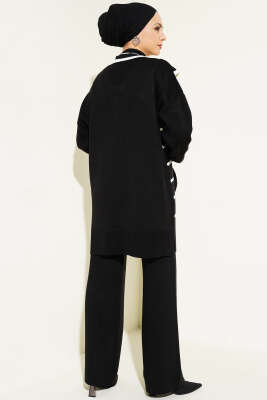 Çizgili Denizci Yaka Triko İkili Takım Siyah - Triko İkili Takım