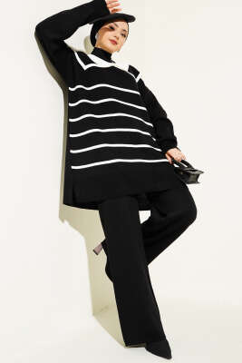 Çizgili Denizci Yaka Triko İkili Takım Siyah 