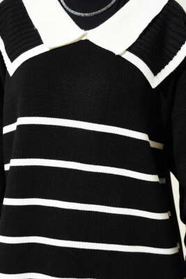 Çizgili Denizci Yaka Triko İkili Takım Siyah - Triko İkili Takım