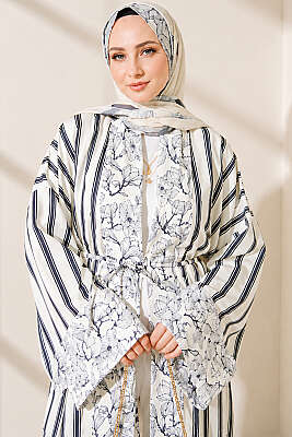 Çizgili Desenli Şal Detaylı Kimono Lacivert - HEWES