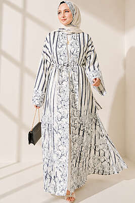 Çizgili Desenli Şal Detaylı Kimono Lacivert - Kimono