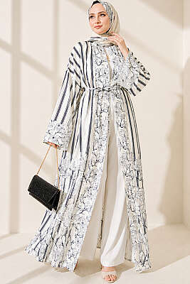 Çizgili Desenli Şal Detaylı Kimono Lacivert - Kimono
