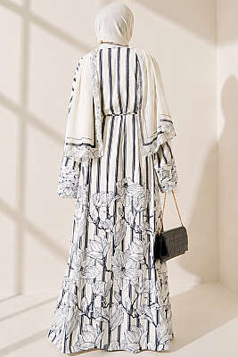 Çizgili Desenli Şal Detaylı Kimono Lacivert - Kimono