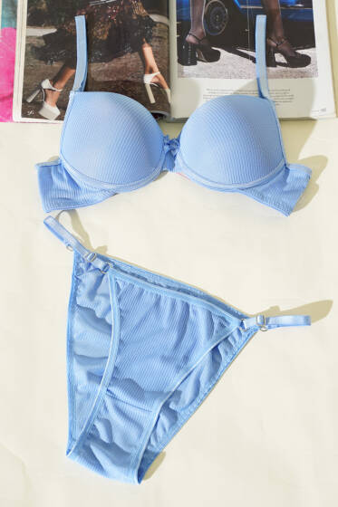 Çizgili Destekli Sütyen Takımı Bebe Mavi - Destekli Sütyen Takım