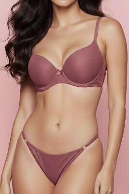 Çizgili Destekli Sütyen Takımı Gül Kurusu - Destekli Sütyen Takım