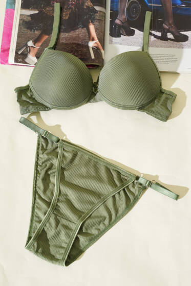 Çizgili Destekli Sütyen Takımı Haki - Destekli Sütyen Takım