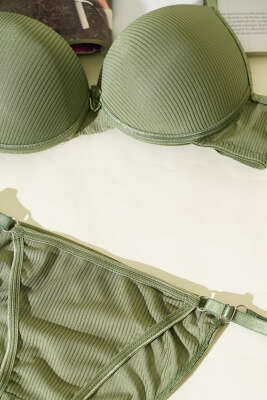 Çizgili Destekli Sütyen Takımı Haki - Destekli Sütyen Takım