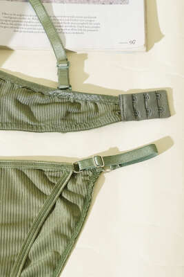 Çizgili Destekli Sütyen Takımı Haki - Destekli Sütyen Takım