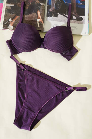 Çizgili Destekli Sütyen Takımı Mor - Destekli Sütyen Takım