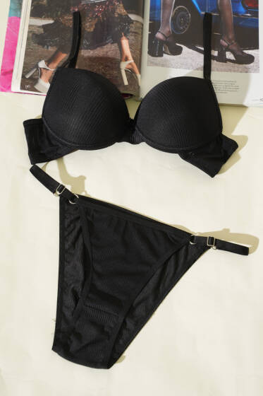 Çizgili Destekli Sütyen Takımı Siyah - Destekli Sütyen Takım