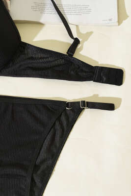 Çizgili Destekli Sütyen Takımı Siyah - Destekli Sütyen Takım