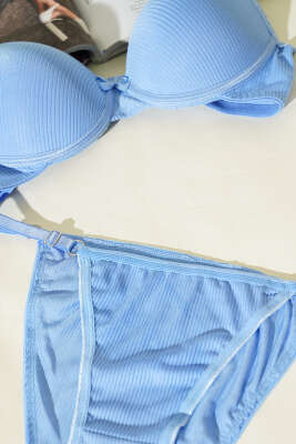 Çizgili Desteksiz Sütyen Takımı Bebe Mavi - Desteksiz Sütyen Takım