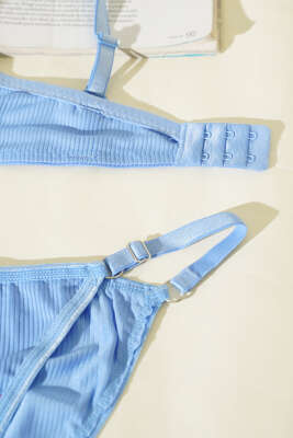 Çizgili Desteksiz Sütyen Takımı Bebe Mavi - Desteksiz Sütyen Takım