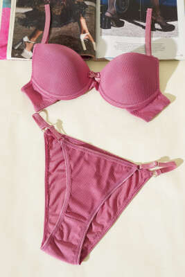 Çizgili Desteksiz Sütyen Takımı Gül Kurusu - ECEM YILDIZ