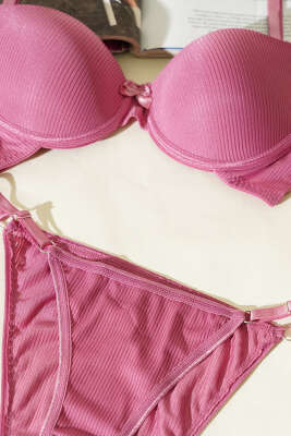 Çizgili Desteksiz Sütyen Takımı Gül Kurusu - Desteksiz Sütyen Takım