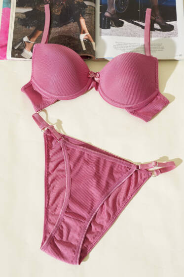 Çizgili Desteksiz Sütyen Takımı Gül Kurusu - Günün Seçilenleri