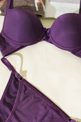 Çizgili Desteksiz Sütyen Takımı Mor - Desteksiz Sütyen Takım