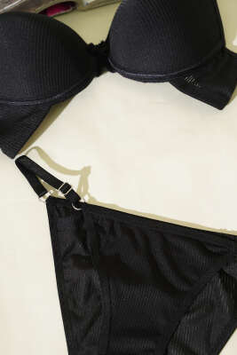 Çizgili Desteksiz Sütyen Takımı Siyah - Desteksiz Sütyen Takım