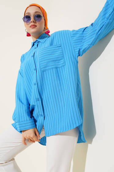 Çizgili Detaylı Tek Cepli Gömlek Mavi - Gömlek