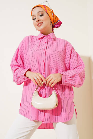 Çizgili Detaylı Tek Cepli Gömlek Pembe - Gömlek