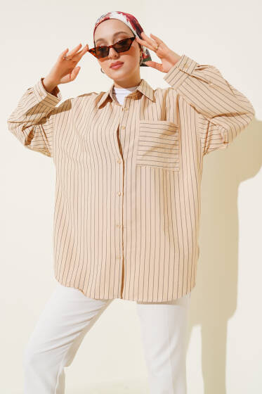 Çizgili Detaylı Tek Cepli Gömlek Taş - Gömlek