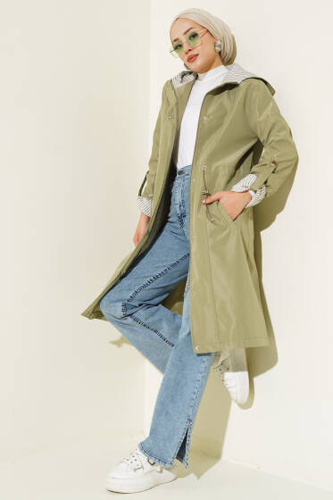 Çizgili Detaylı Trençkot Çağla Yeşili - Trençkot