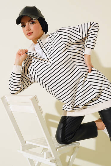Çizgili Dik Yaka Çıtçıtlı Sweatshirt Siyah - Tunik