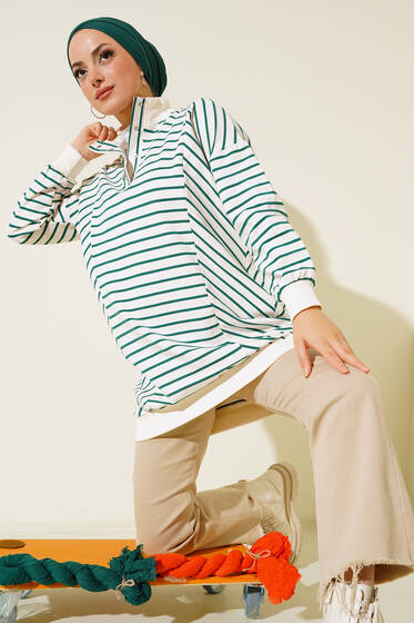 Çizgili Dik Yaka Çıtçıtlı Sweatshirt Zümrüt Yeşili - Tunik
