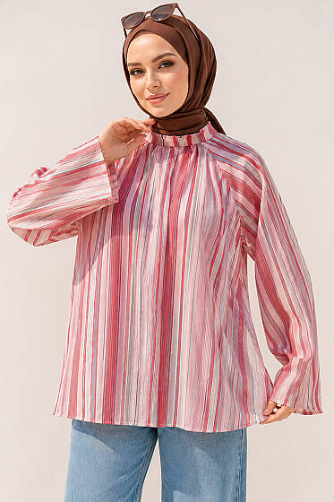 Çizgili Dik Yaka Tunik Pembe - Tunik