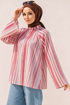 Çizgili Dik Yaka Tunik Pembe - Tunik