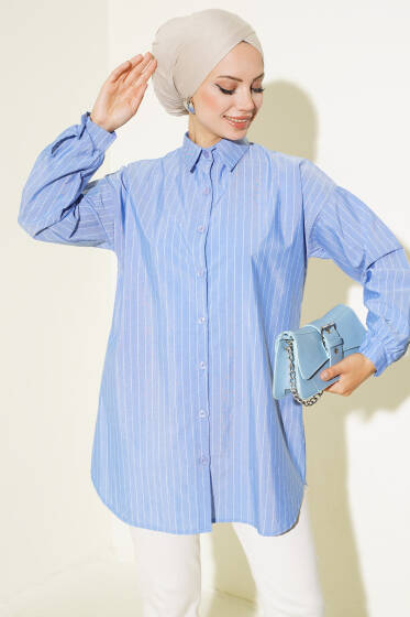 Çizgili Dokuma Salaş Gömlek Mavi - Gömlek