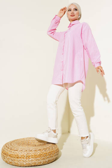 Çizgili Dokuma Salaş Gömlek Pembe - Gömlek