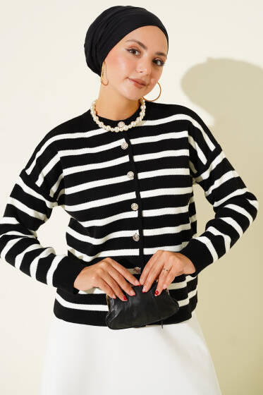 Çizgili Düğme Detaylı Kısa Triko Hırka Siyah - Hırka
