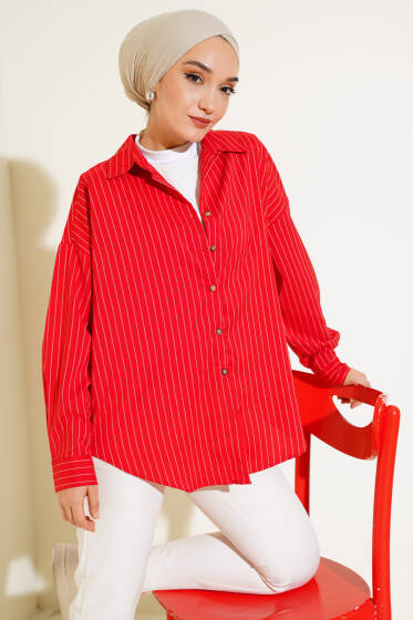 Çizgili Düğmeli Gömlek Kırmızı - Gömlek