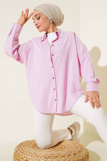 Çizgili Düğmeli Gömlek Pembe - Gömlek