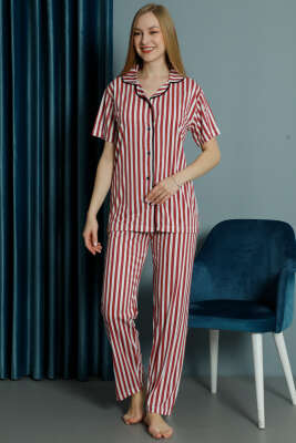 Çizgili Düğmeli Kısa Kol Pijama Takım Bordo 