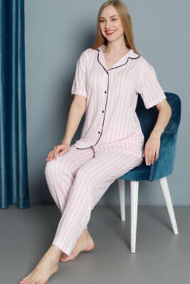 Çizgili Düğmeli Kısa Kol Pijama Takım Pembe 
