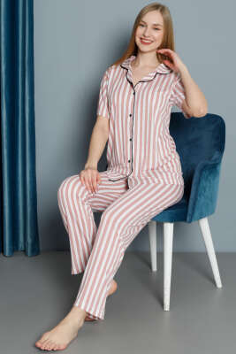 Çizgili Düğmeli Kısa Kol Pijama Takım Somon - Kadın Pijama Takımı
