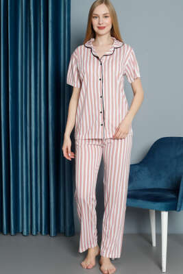 Çizgili Düğmeli Kısa Kol Pijama Takım Somon - Kadın Pijama Takımı