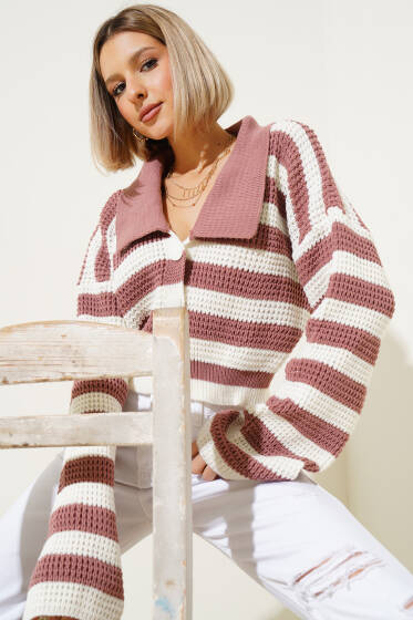 Çizgili Düğmeli Kısa Triko Hırka Gül Kurusu - Yeni Giyim