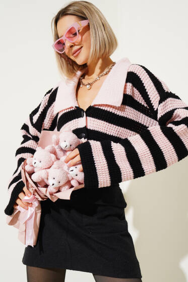 Çizgili Düğmeli Kısa Triko Hırka Pudra - Yeni Giyim