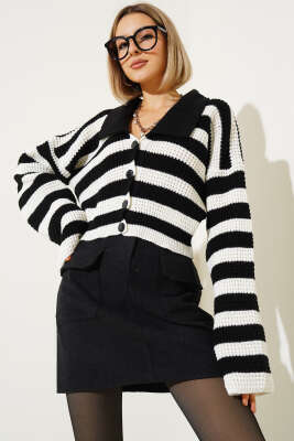 Çizgili Düğmeli Kısa Triko Hırka Siyah - Kadın Giyim Modelleri