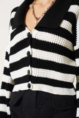 Çizgili Düğmeli Kısa Triko Hırka Siyah - Kadın Giyim Modelleri