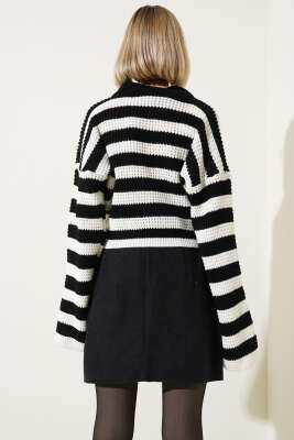 Çizgili Düğmeli Kısa Triko Hırka Siyah - Kadın Giyim Modelleri