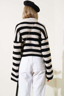 Çizgili Düğmeli Kısa Triko Hırka Taş - Kadın Giyim Modelleri