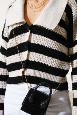 Çizgili Düğmeli Kısa Triko Hırka Taş - Kadın Giyim Modelleri