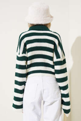 Çizgili Düğmeli Kısa Triko Hırka Zümrüt - Kadın Giyim Modelleri