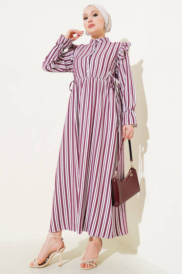Çizgili Düğmeli Omuz Fırfırlı Elbise Bordo - Elbise