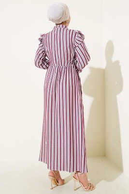 Çizgili Düğmeli Omuz Fırfırlı Elbise Bordo - Tesettür Elbise